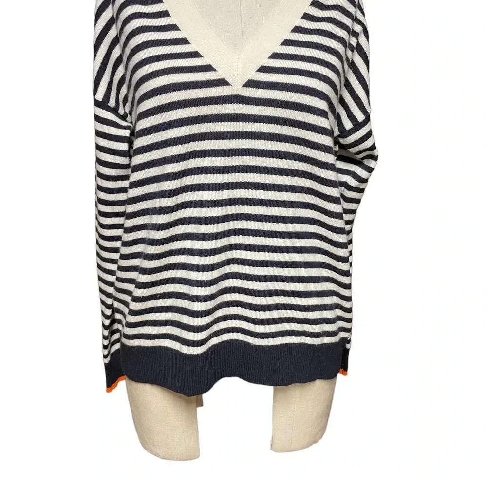 Chinti & Parker Navy Blue Cream‎ Stripe V-Neck Wool Cashmere Sweater Size Medium